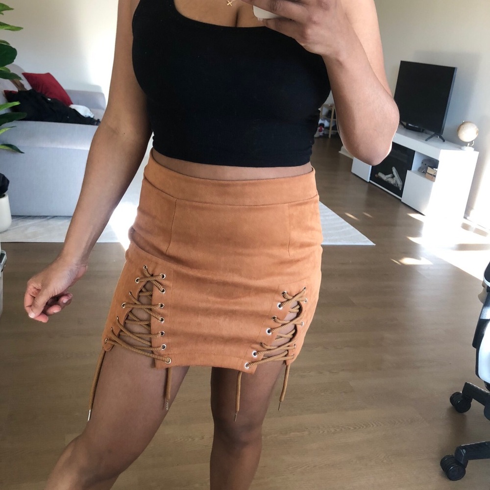 Classic Lace-Up Suede Mini Skirt in Tan